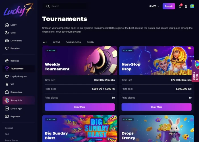 Tournaments at Lucky7even Casino