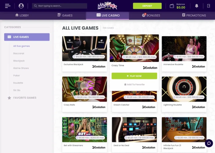 Play Live Dealer Games at MadNix Casino
