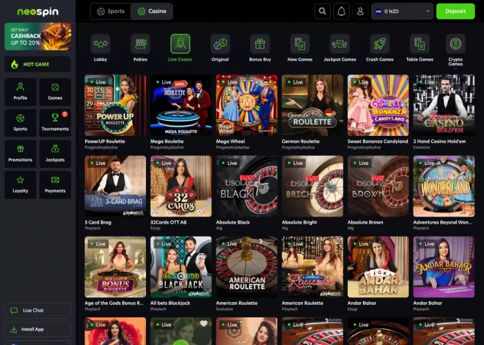 Live Dealer Games at Neospin Casino