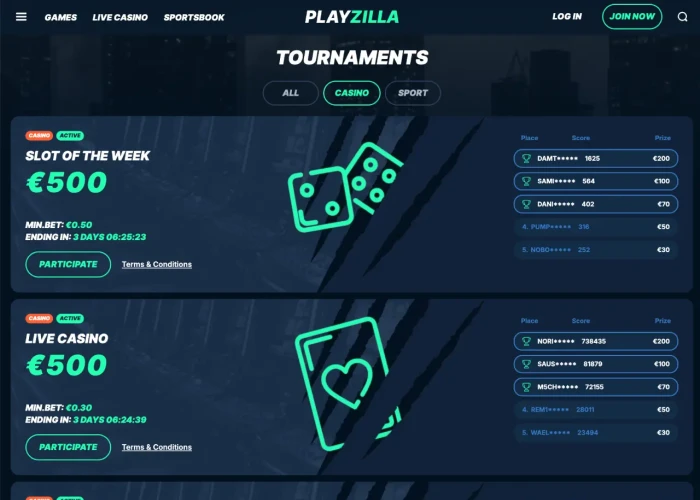 Tournaments at Playzilla Casino