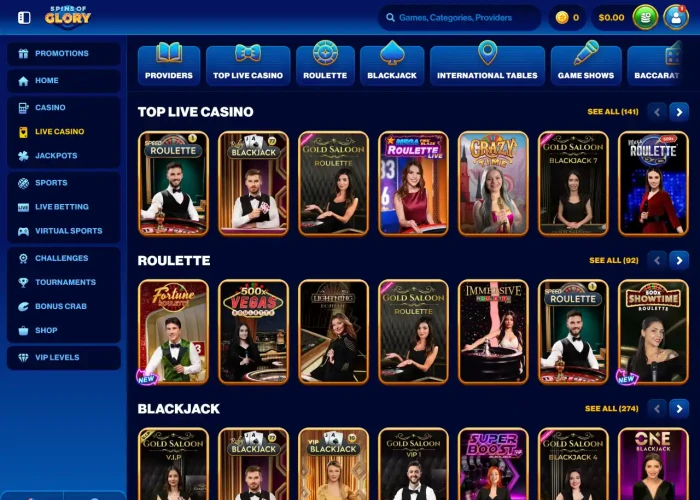 Play Live Dealer Games at Spins of Glory Casino