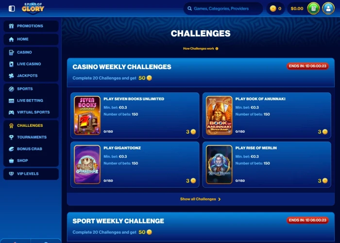Challenges at Spins of Glory Casino