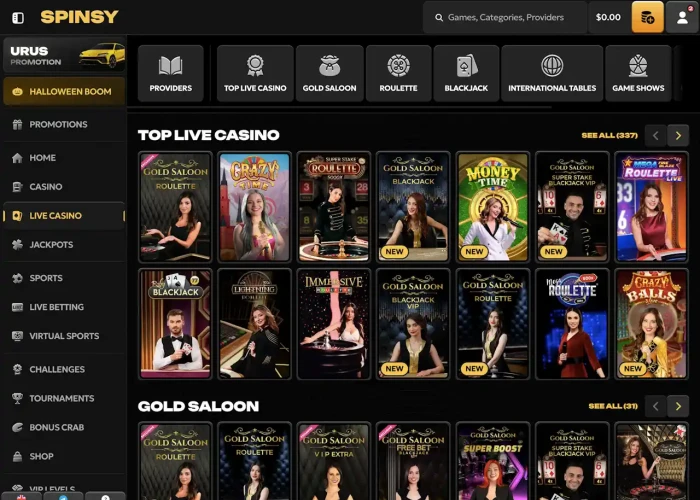 Play Live Games at Spinsy